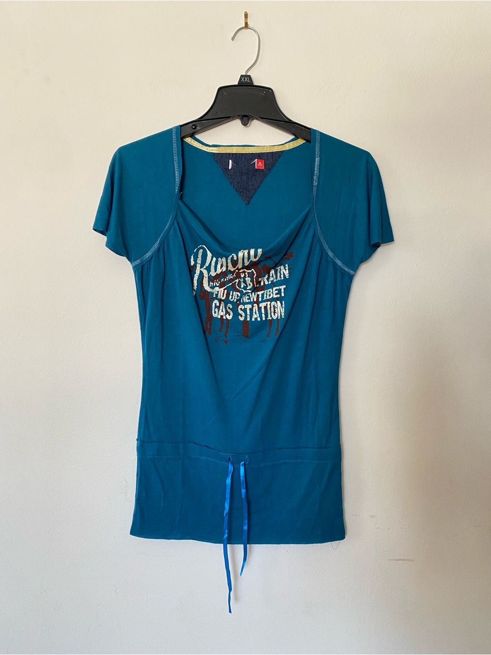 Women’s Teal Graphic Drawstring Top
